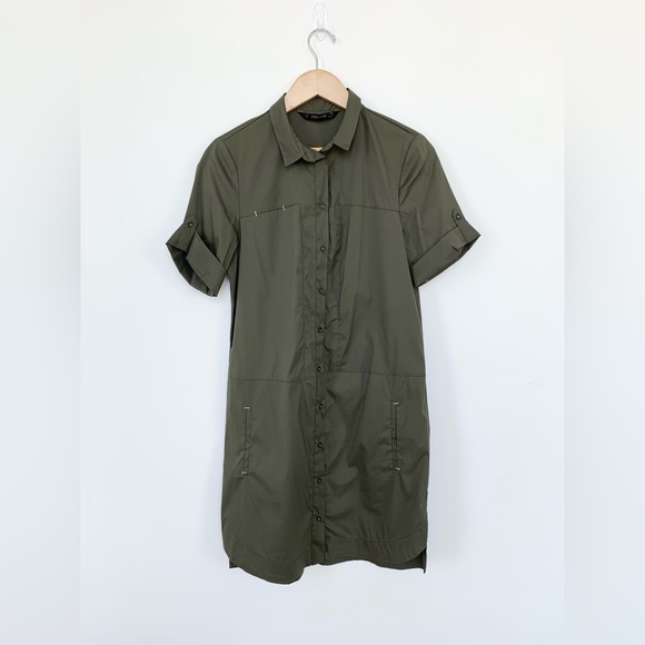 BNWOT Zara Olive Green Utility Longline Shirt Dress Button Down Tab Roll Sleeves - Picture 1 of 6